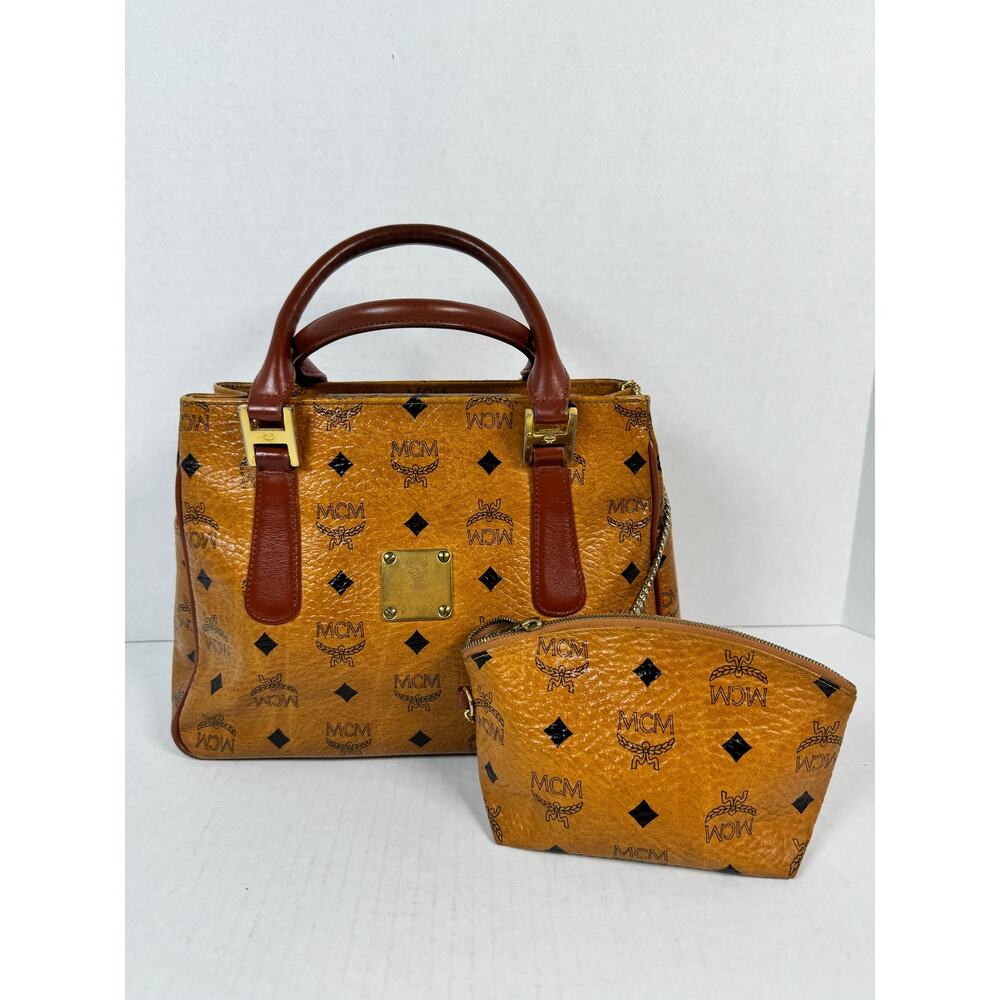 MCM Visetos Top Handle Satchel Bag w Matching Pouch Cognac Vintage